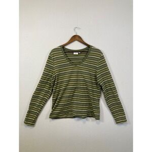 SONOMA life style Womens XL Green Stripe V Neck Long Sleeve Stretch T Shirt Top